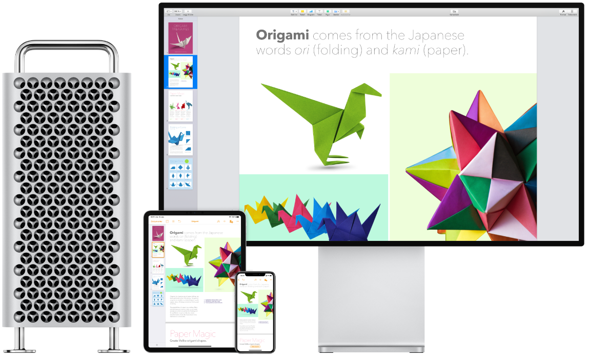 Identisk innhold vises på en Mac Pro, en iPad og en iPhone.