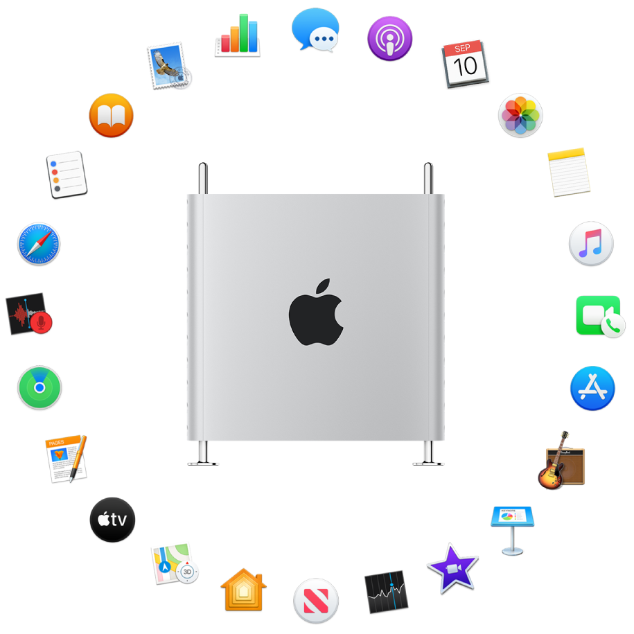 Ein Mac Pro, der von den Symbolen für die integrierten Apps umgeben ist, die in den folgenden Abschnitten beschrieben werden.