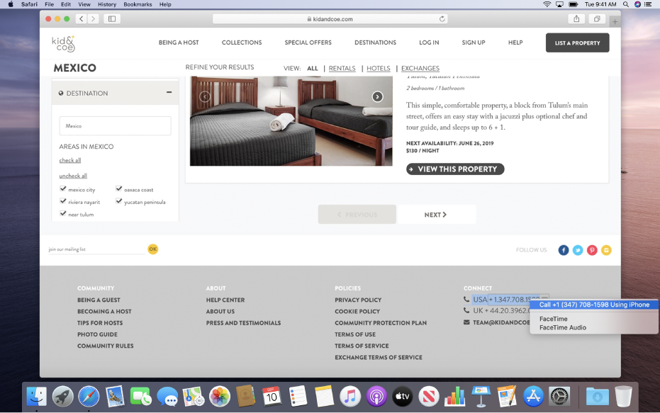 Safariウインドウ。ページ下部に企業の電話番号が表示されています。番号の横にある矢印をクリックすると、iPhoneとFaceTime経由のWi-Fi通話を使用して通話できます。