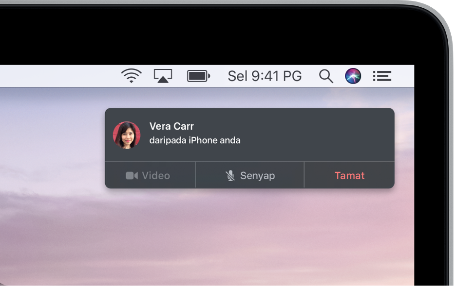 Pemberitahuan muncul di penjuru atas kanan skrin Mac, menunjukkan panggilan telefon sedang dijalankan menggunakan iPhone anda.