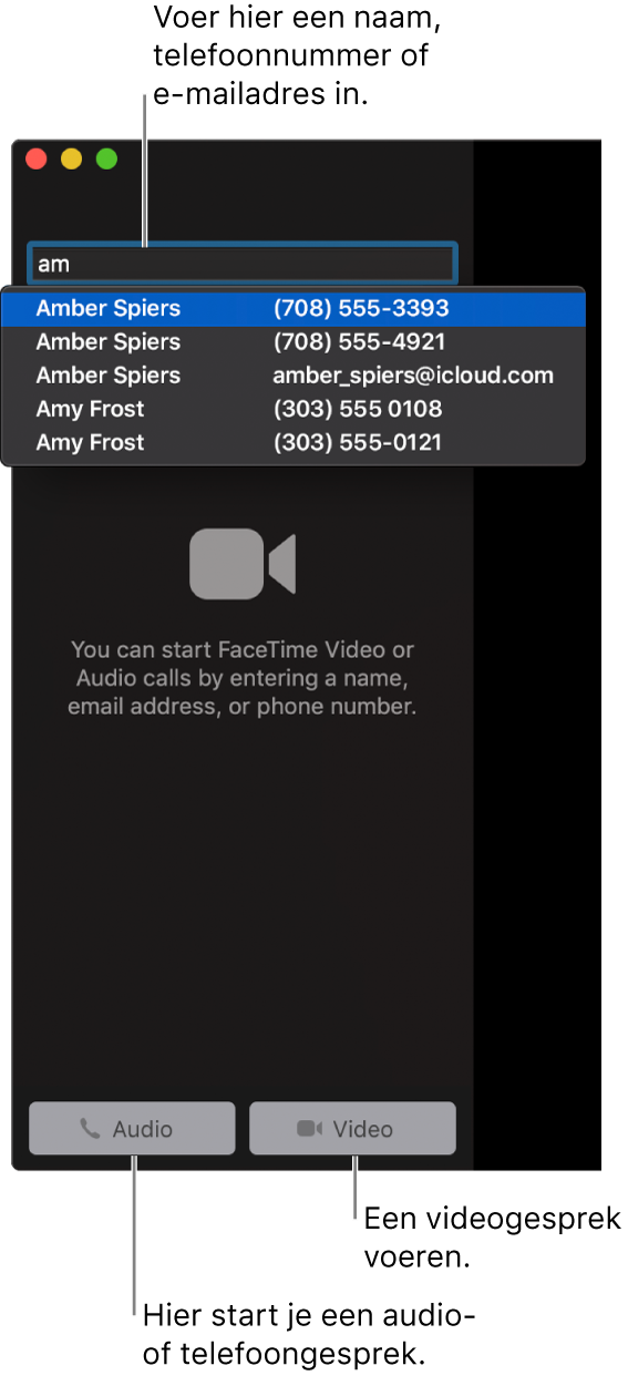 Voer in de zoekbalk een naam, telefoonnummer of e-mailadres in. Klik op de videoknop om een videogesprek te starten met FaceTime. Klik op de knop 'Audio' om een audio- of telefoongesprek te starten met FaceTime.