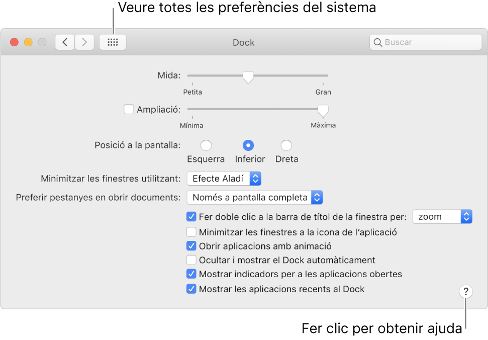 Fes clic a “Mostrar-ho tot” per veure totes les icones de preferències. Fes clic al botó Ajuda per obtenir més informació del tauler.
