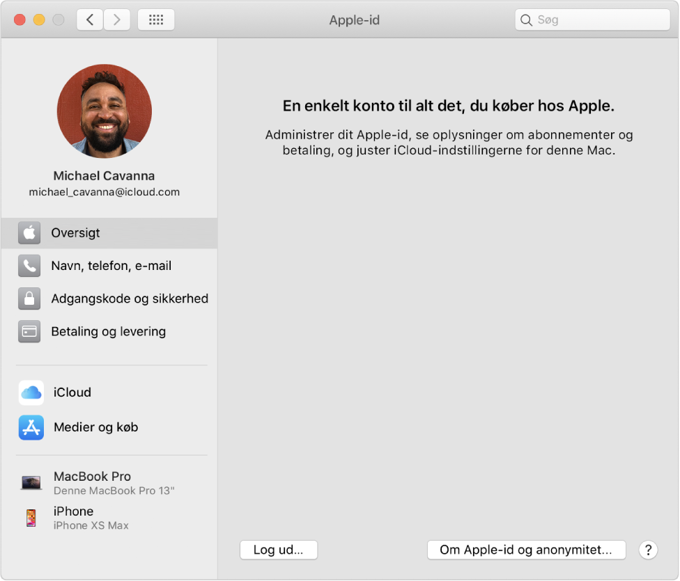 Indstillinger til Apple-id viser en indholdsoversigt med forskellige typer kontomuligheder, du kan bruge, og en oversigt over indstillingerne til en eksisterende konto.