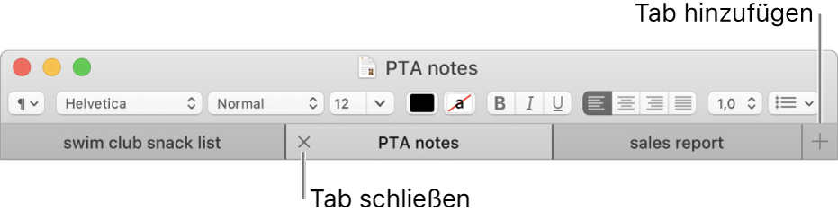 TextEdit-Fenster mit drei Tabs in der Tableiste (unter der Format-Leiste) In einem Tab wird die Taste „Schließen“ angezeigt. Die Taste „Hinzufügen“ befindet sich am rechten Ende der Tableiste.