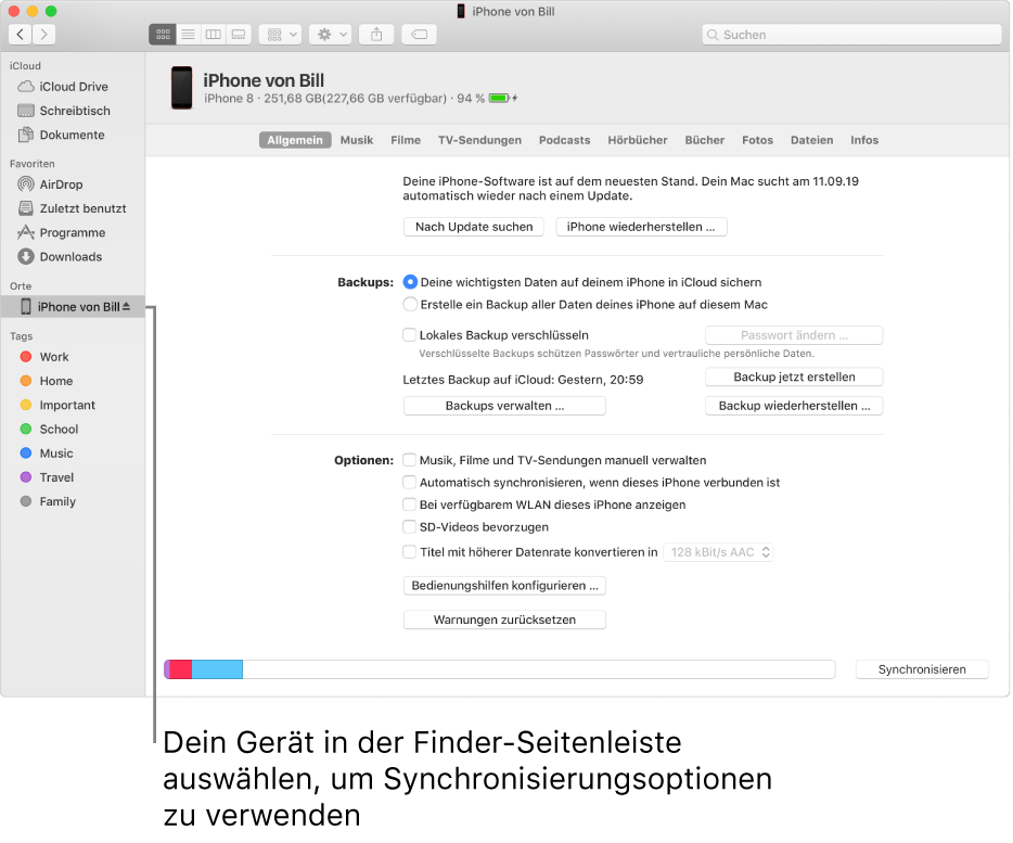 Ein in der Finder-Seitenleiste ausgewähltes Gerät und den im Fenster angezeigten Synchronisierungsoptionen