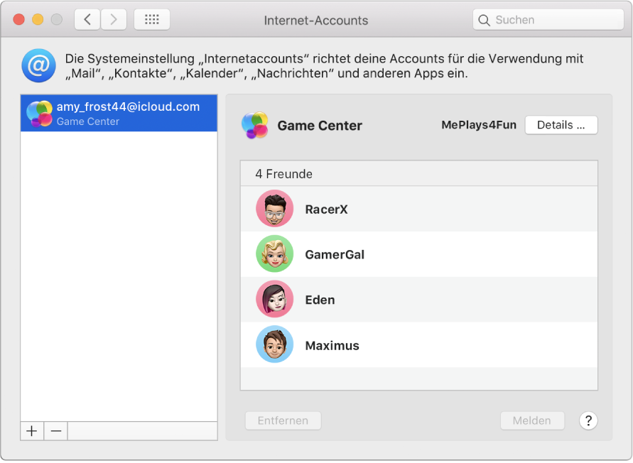 Ein Game Center-Account in der Systemeinstellung „Internetaccounts“.