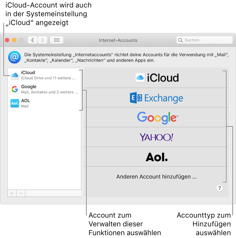 Systemeinstellung „Internetaccounts“ mit Accounts rechts und den verfügbaren Accounttypen links