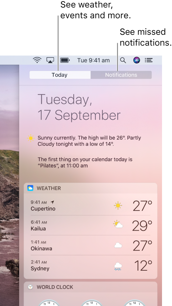 Today view showing weather in three locations. Click the Notifications tab to see missed notifications.