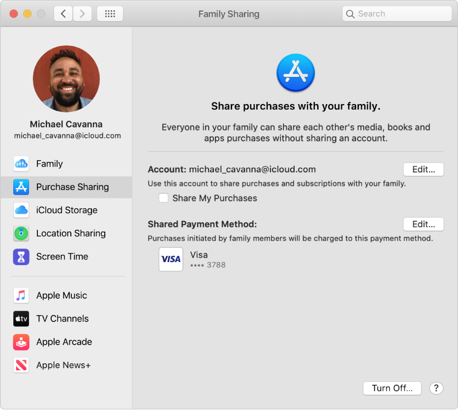 Family Sharing preferences with Purchase Sharing selected in the sidebar and, on the right, the account and payment method being used for the purchases.