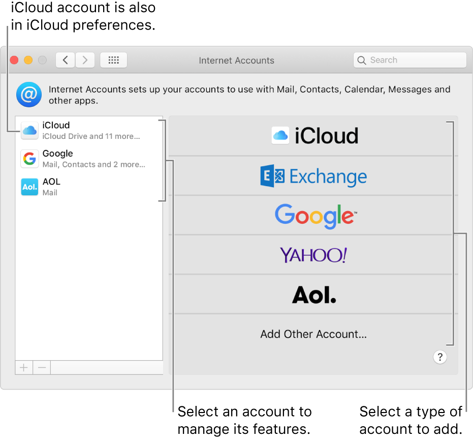 Internet Accounts preferences with accounts listed on the right and available account types listed on the left.