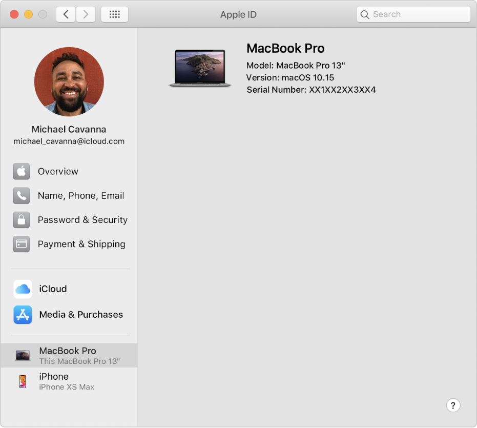 Apple ID preferences showing a sidebar of different types of account options you can use and the Trusted Device list for an existing account.