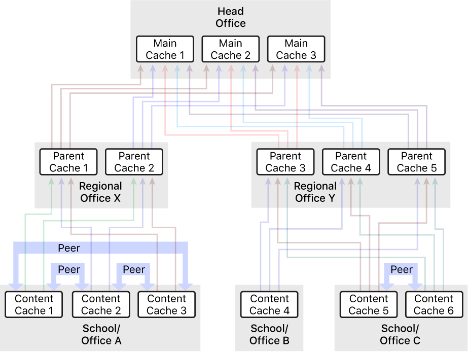 A network with numerous content caches, organised into a three-level hierarchy that has parent and grandparent content caches. Only the content caches at the lowest level of the hierarchy have peers defined.