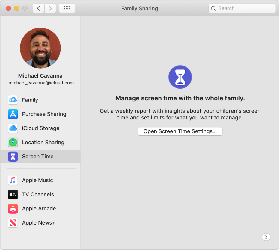 Family Sharing preferences showing a sidebar of different types of account options you can use and the Screen Time preferences for an existing account.