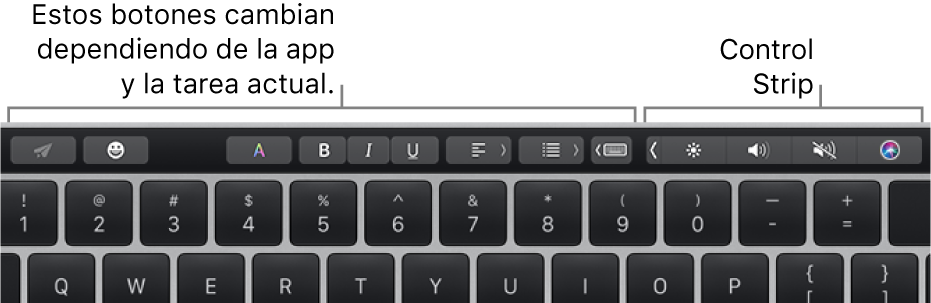 Touch Bar en la parte superior del teclado, en la izquierda con botones que varían según la app o la tarea y, en la derecha, la Control Strip contraída.