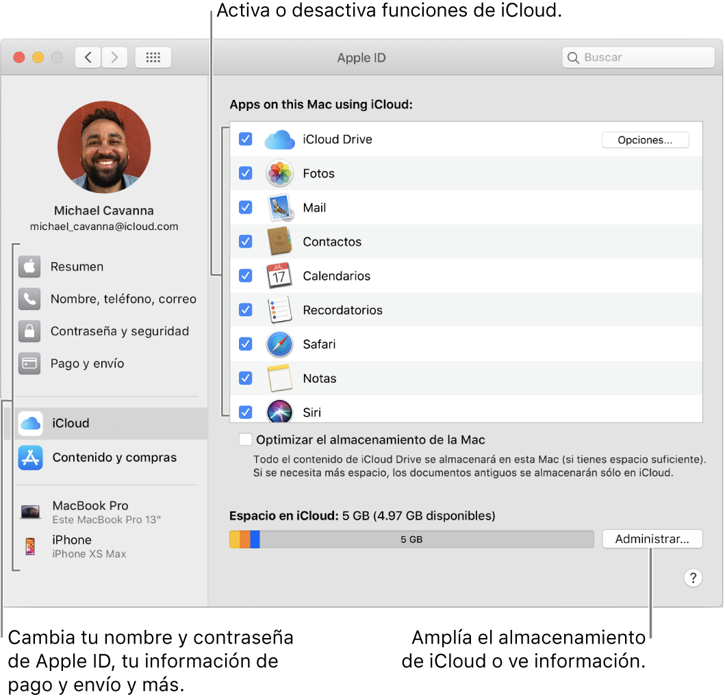 Panel de preferencias iCloud con todas las funciones seleccionadas.
