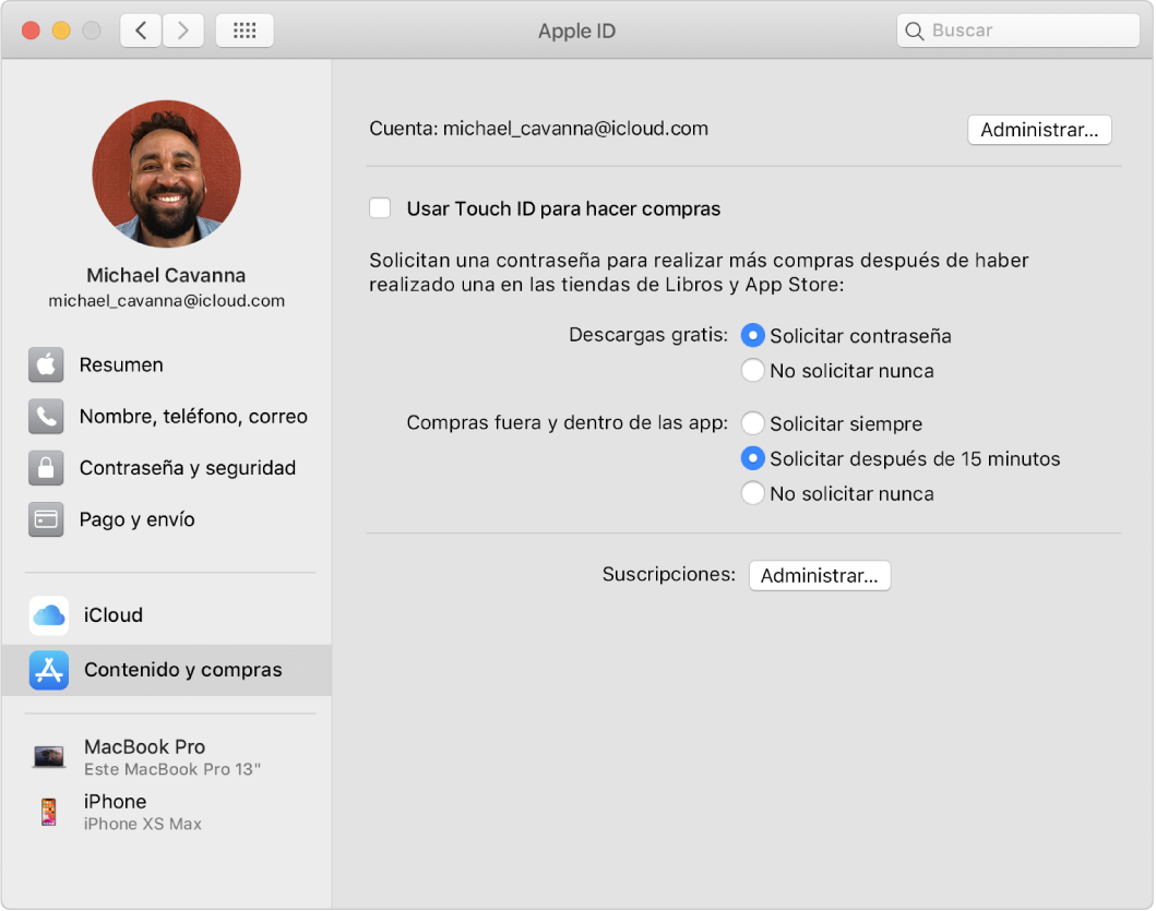 El panel de preferencias Apple ID mostrando una barra lateral de los distintos tipos de opciones de cuentas que puedes usar y las preferencias de "Contenido y compras" de una cuenta existente.