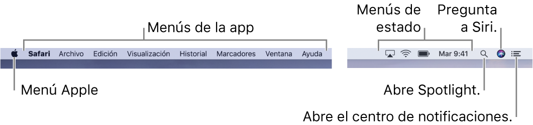 La barra de menús. A la izquierda se encuentran el menú Apple y los menús de las apps. A la derecha se encuentran los menús de estado y los iconos de Spotlight, de Siri y del centro de notificaciones.