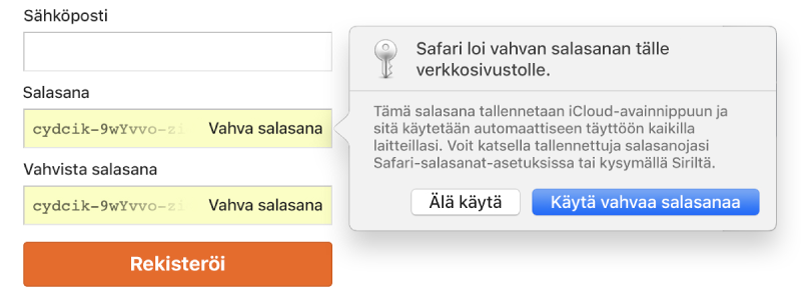 Valintaikkuna, jossa kerrotaan, että Safari on luonut vahvan salasanan verkkosivustolle ja että se tallennetaan käyttäjän iCloud-avainnippuun ja on käytettävissä käyttäjän muilla laitteilla.