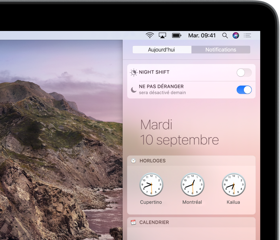 Centre de notifications affichant le bouton pour activer ou désactiver Ne pas déranger.