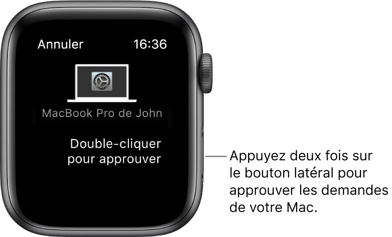Apple Watch qui affiche une demande d’autorisation en provenance d’un MacBook Pro.