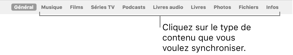 La barre des boutons affichant le bouton Général et les boutons de contenus comme la musique, les films, les séries TV et bien plus encore.