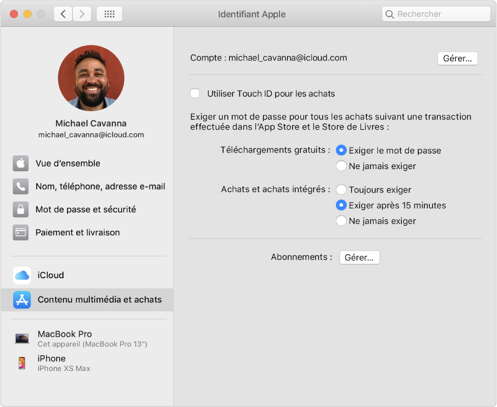 Préférences « Identifiant Apple » montrant une barre latérale de différents types d’options de compte que vous pouvez utiliser et les préférences « Contenu multimédia et achats » pour un compte existant.