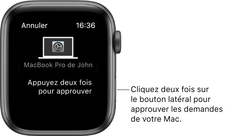 Apple Watch présentant une demande d’approbation d’un MacBook Pro.