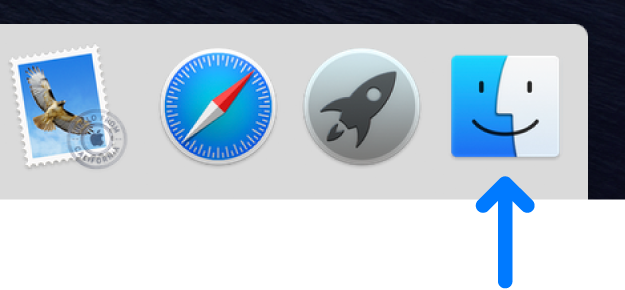 חץ כחול מצביע על צלמית Finder בצד ימין של ה-Dock.