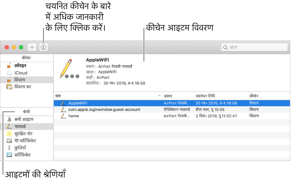 कीचेन ऐक्सेस विंडो के मुख्य भाग : श्रेणियों की सूची, कीचेन आइटमों की सूची और कीचेन आइटम का वर्णन।