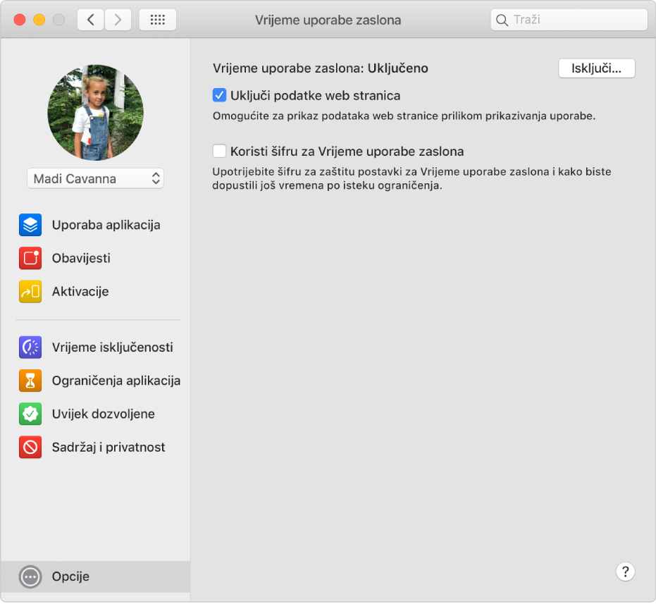 Okno s opcijama Vremena uporabe zaslona kada je uključeno Vrijeme uporabe zaslona. Odabrana je opcija Uključi podatke web stranica.