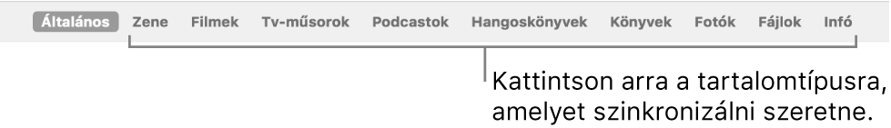 A gombsáv: látható az Általános gomb, és különféle tartalmak (például zene, filmek, tévéműsorok) gombjai.
