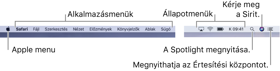 A menüsor. Bal oldalon az Apple menü és az alkalmazások menüi láthatók. Jobb oldalon az állapotmenük és a Spotlight, a Siri és az Értesítési központ ikonjai.