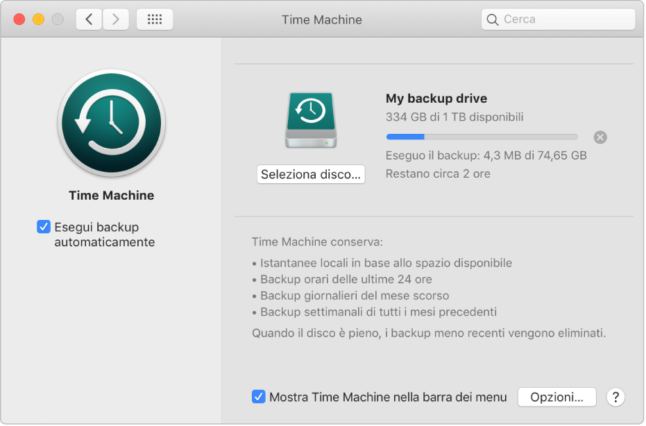 Preferenze di Time Machine che mostrano lo stato di avanzamento di un backup su un'unità esterna.