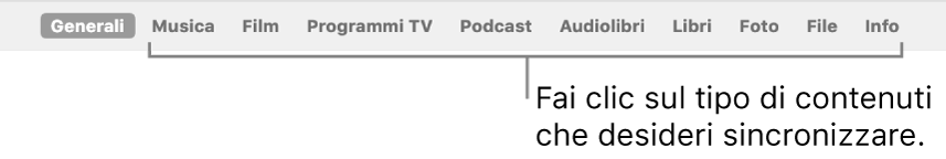 La barra dei pulsanti con il pulsante Generali e i pulsanti per i contenuti, quali musica, film, programmi TV e altro.