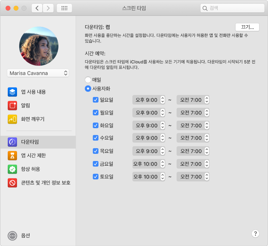 다운타임이 켜져 있는 스크린 타임 다운타임 패널. 요일별 다운타임 일정이 맞춤식으로 설정됨.