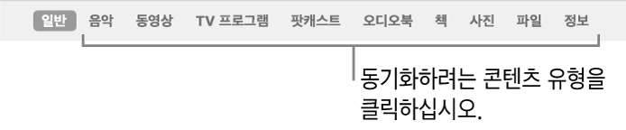 일반 버튼 및 음악, 동영상 TV 프로그램 등의 콘텐츠 버튼을 표시하는 버튼 막대.