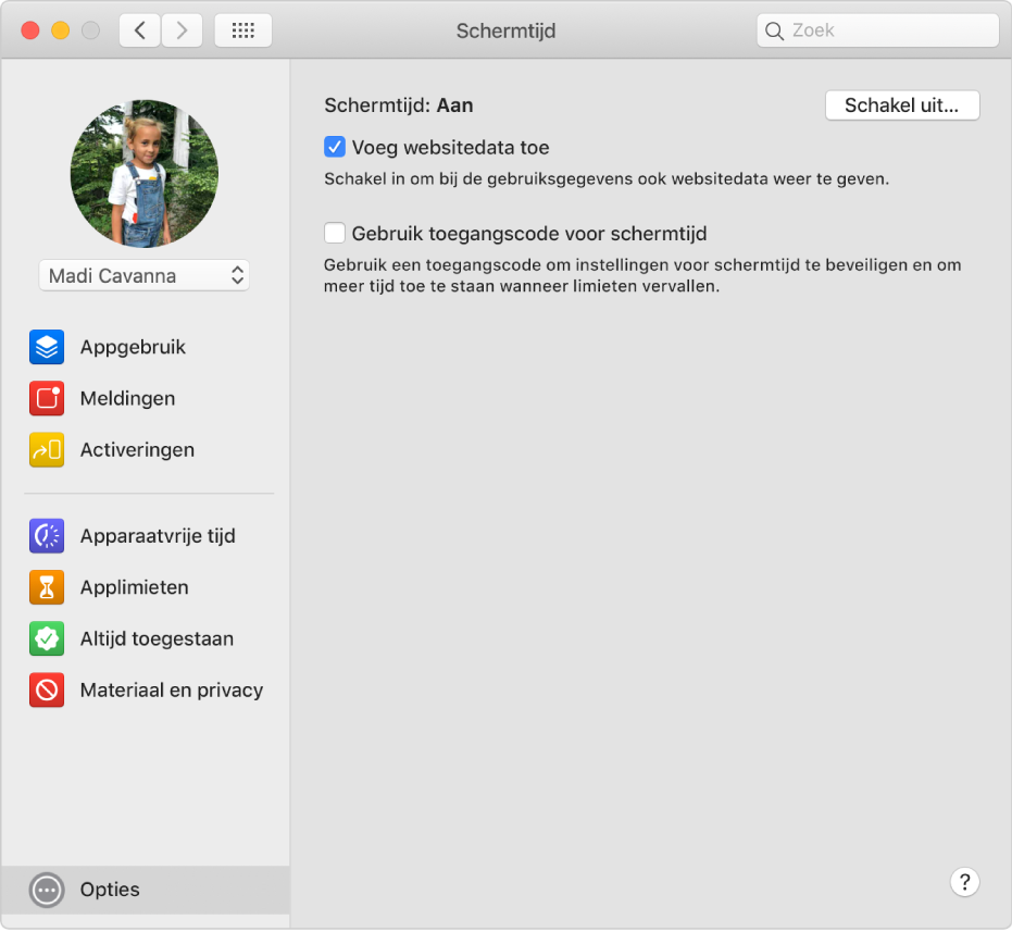 Het optiepaneel voor Schermtijd met Schermtijd ingeschakeld. De optie 'Voeg websitedata toe' is geselecteerd.
