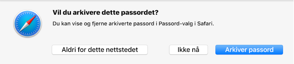 En dialogrute som spør om du vil arkivere passordet for et nettsted.