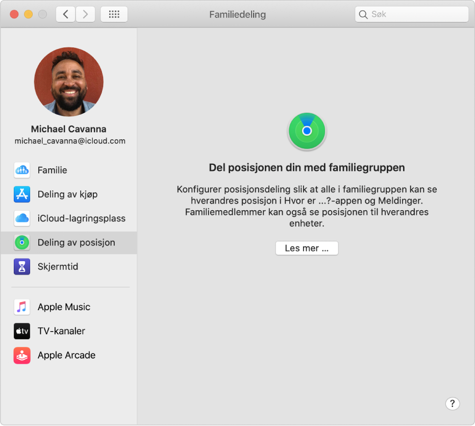 Familiedeling-valg som viser et sidepanel med ulike typer kontoalternativer du kan bruke, og Stedsdeling-valgene for en eksisterende konto.