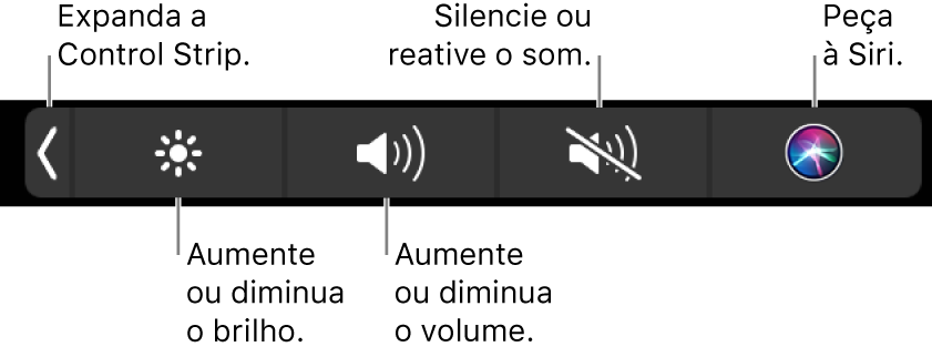 A Control Strip minimizada contém botões, da esquerda para a direita, para expandi-la, aumentar ou diminuir o brilho da tela e o volume, silenciar ou ativar o som e perguntar à Siri.