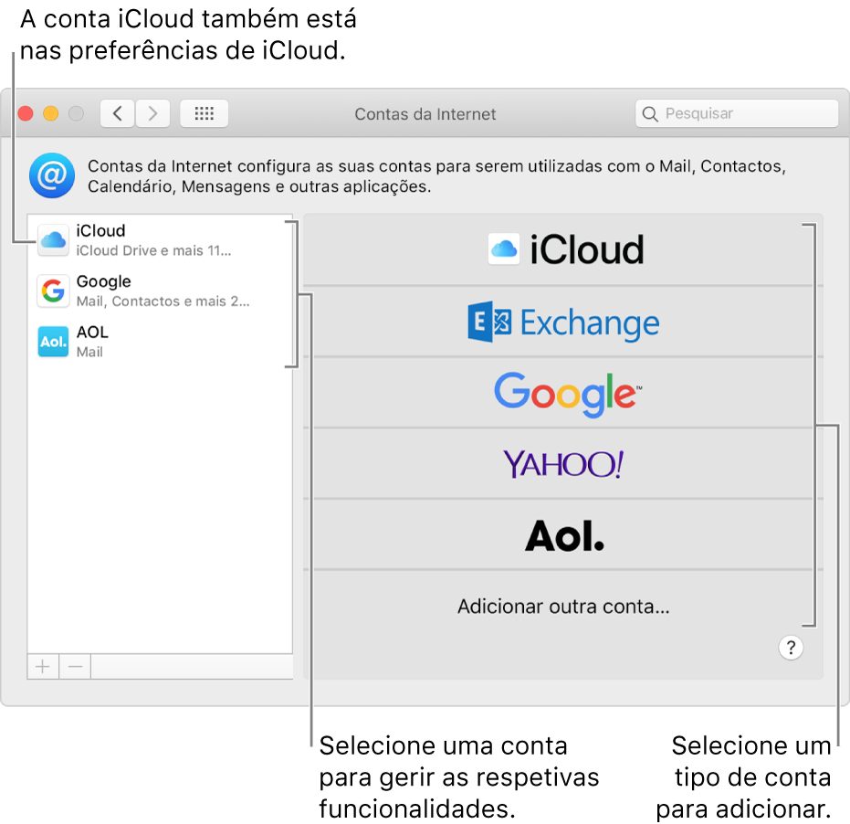 Painel das Preferências de Contas da Internet com contas listadas à direita e os tipos de contas disponíveis listadas à esquerda.