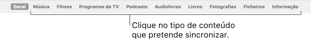 A barra de botões a mostrar o botão Geral e os botões para conteúdos como música, filmes, programas de TV, etc.