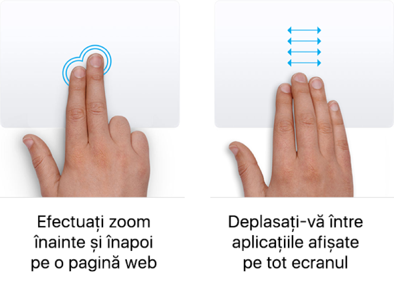 Exemple de gesturi de trackpad pentru apropiere și depărtare pe o pagină web și deplasare între aplicații pe tot ecranul.