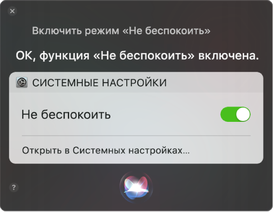 В окне Siri показан запрос о выполнении задачи: «Включи "Не беспокоить"».