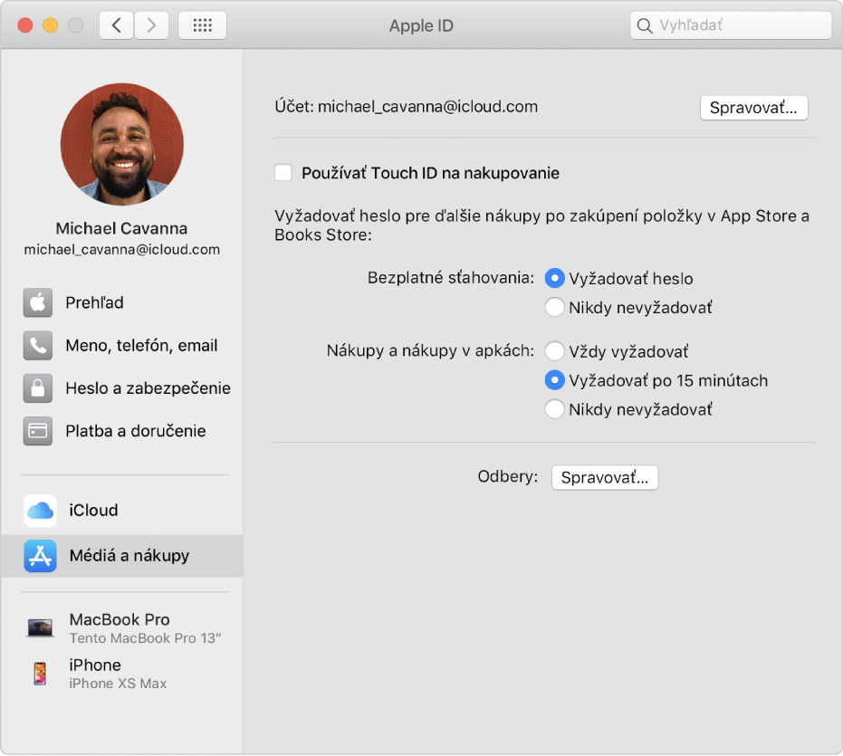 Nastavenia Apple ID s postranným panelom obsahujúcim rôzne typy možností účtu, ktoré môžete použiť, a nastaveniami Médiá a nákupy pre existujúci účet.