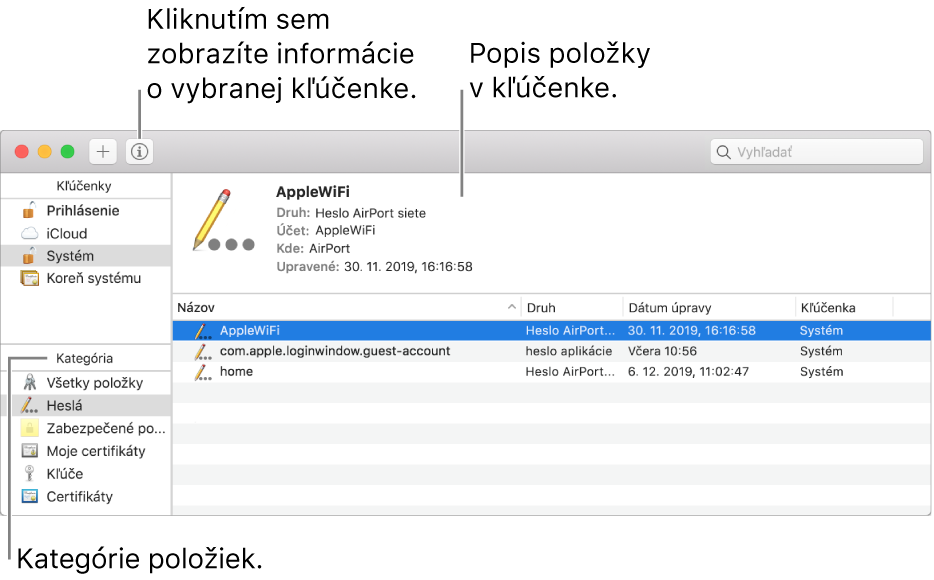 Hlavné oblasti okna aplikácie Kľúčenka: zoznam kategórií, zoznam položiek kľúčenky a popis položky kľúčenky.