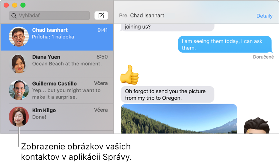 Postranný panel z aplikácie Správy zobrazujúci obrázky ľudí pri ich menách.