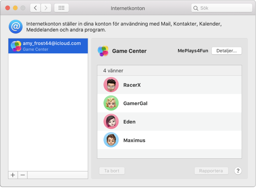 Ett Game Center-konto i Internetkonton.