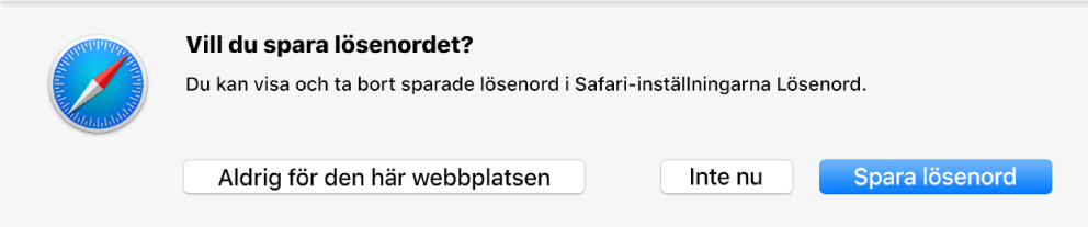 En dialogruta visas med en fråga om du vill spara lösenordet för en webbplats.