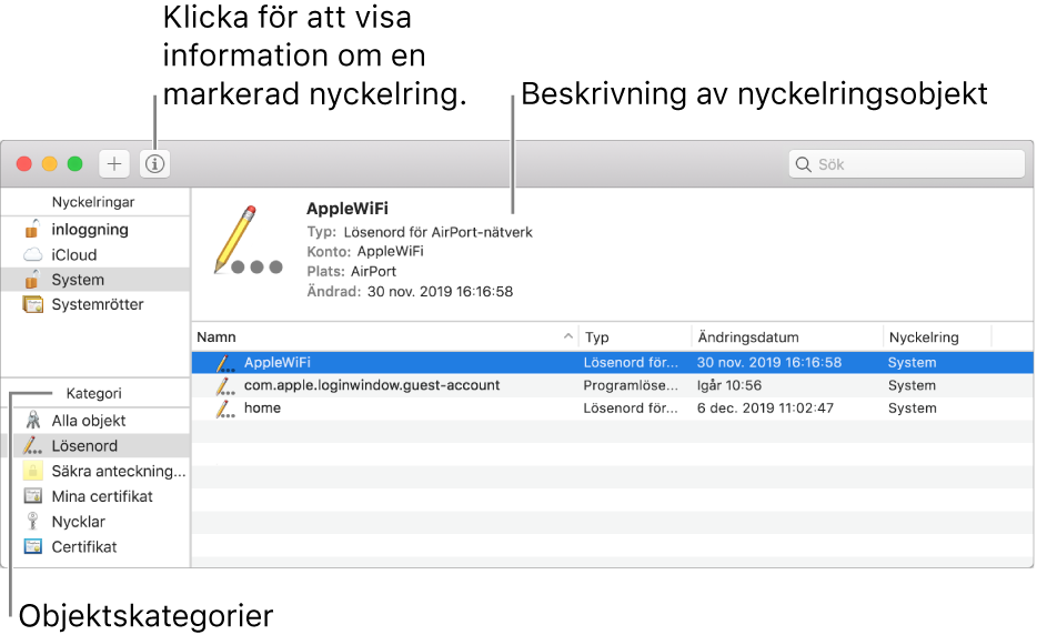Huvudområdena i fönstret Nyckelhanterare: kategorilistan, listan med nyckelringsobjekt samt en beskrivning av nyckelringsobjekten.
